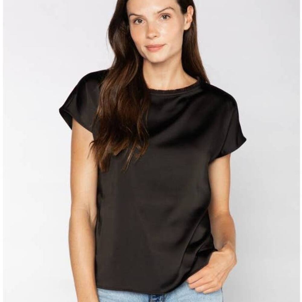 S'edge Astor Silky Short Sleeve Top Stretch Tee in Black XS NWT Quiet Luxury